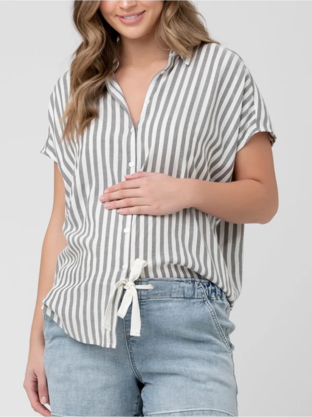 Ripe Grey Stripe Ada Relaxed Button Up Cap Sleeve Top Size Small